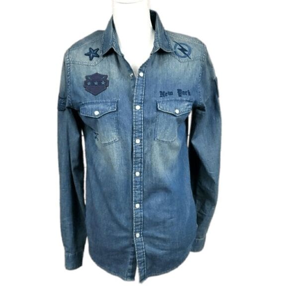 💸3/12$ Express,  Denim Military Boyfriend Shirt-Size Small - Picture 1 of 14